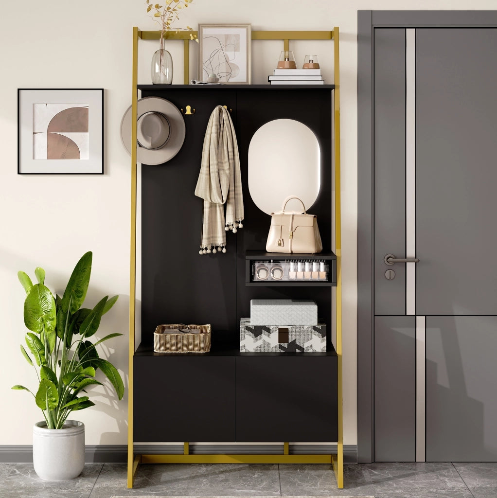 Guardaroba compatto moderno con specchio e ganci in metallo; 78 x 38;5 x 180;5 cm; nero