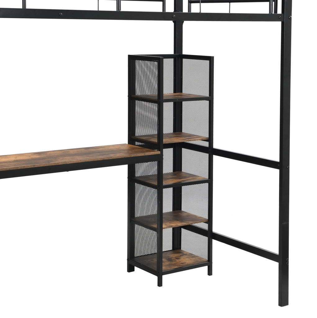 Letto a soppalco in ferro e MDF con scrivania e scaffalatura, 90x200 cm, colore nero e legno scuro