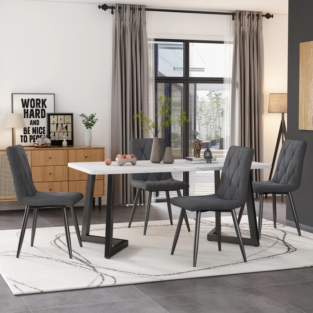 Sedie da pranzo imbottite, 4 pezzi in lino grigio con schienale e gambe in metallo, design elegante