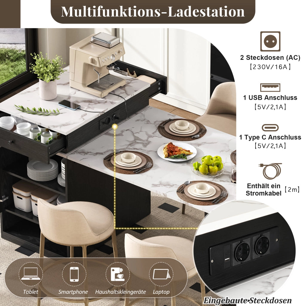 Tavolo da Pranzo Allungabile per 4 Persone con 1 Cassetto; Ripiani Regolabili e Prese; in MDF e Vetro