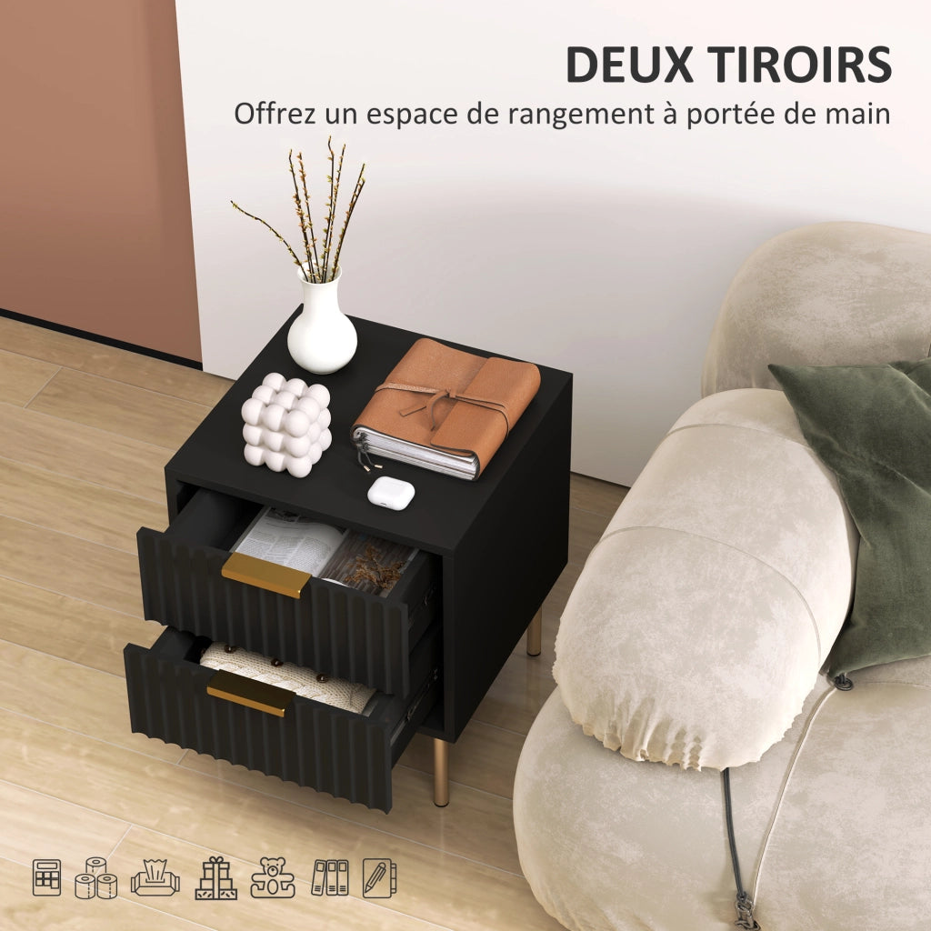 Comodino con 2 cassetti ¨C Xylo ¨C nero, piedi in acciaio, design moderno