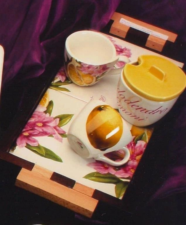 Set 2 Tazzine Caffè Colazione + Zuccheriera con Vassoio Limoni rodo Ceramica viva