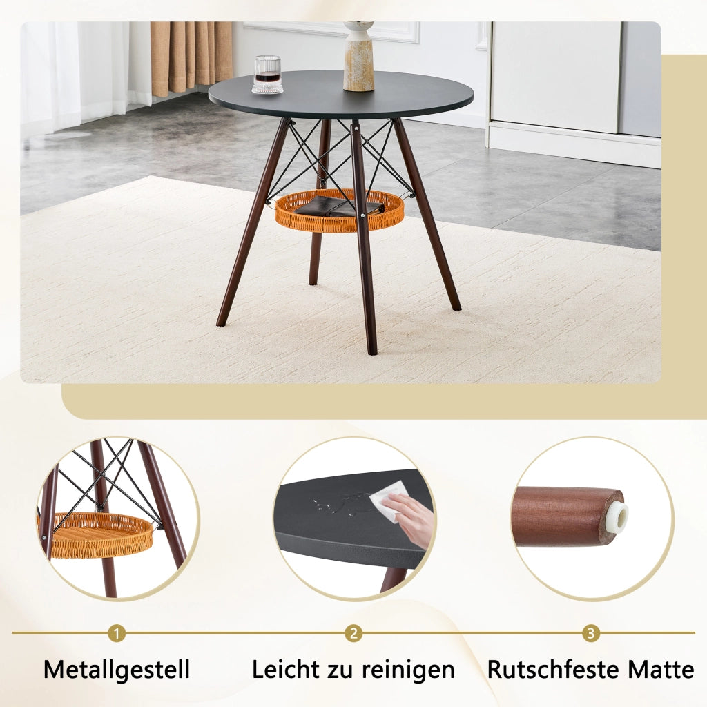 Tavolo rotondo 80 cm in MDF nero con gambe in legno massello noce e cestello sospeso
