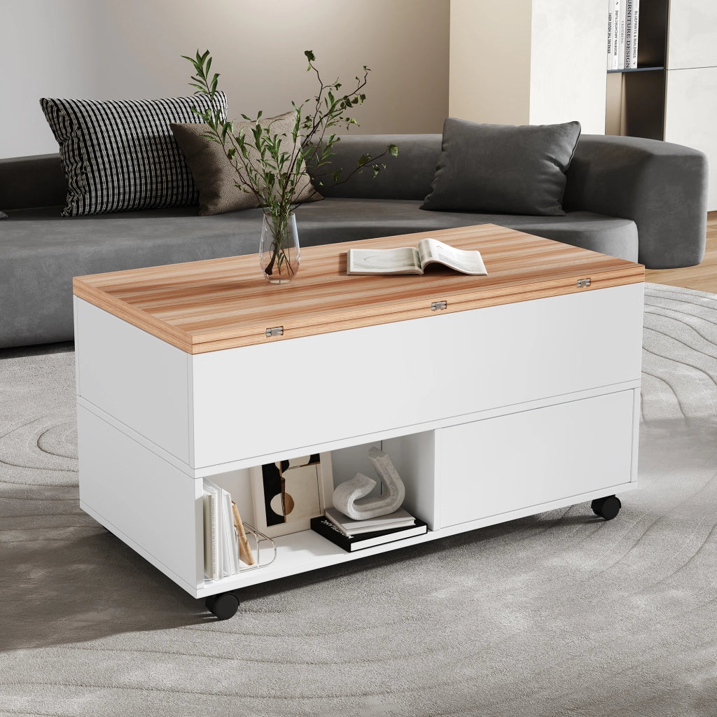 Tavolino da salotto elevabile e allungabile 100x50 cm con cassetti; bianco e rovere