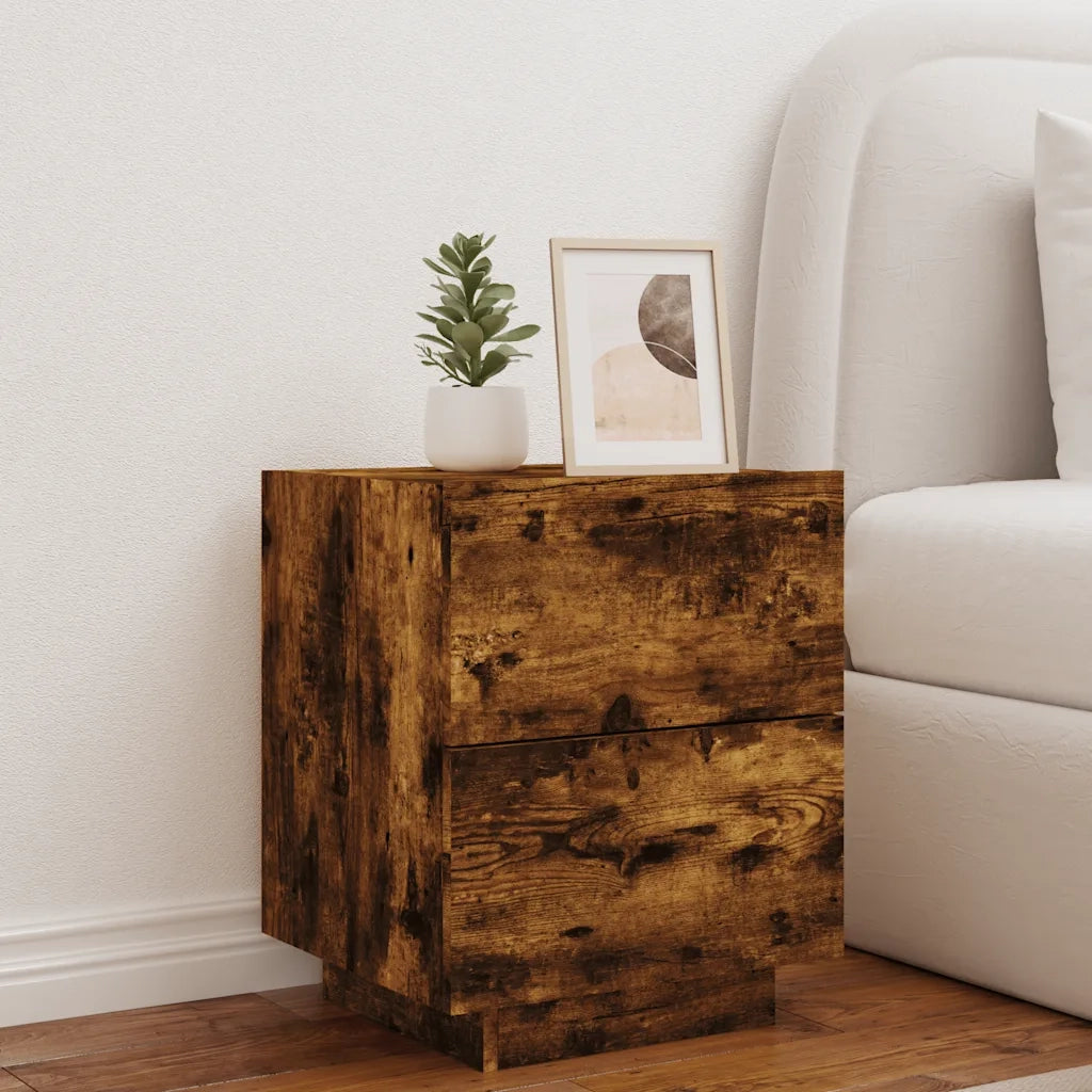 Comodino con Luci LED Rovere Fumo in Legno Multistrato 836743