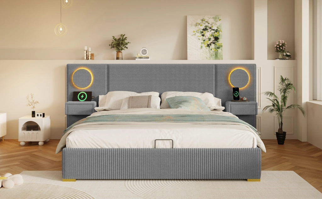 Letto matrimoniale 180 × 200 cm con contenitore idraulico, LED e USB, senza materasso, in velluto, grigio