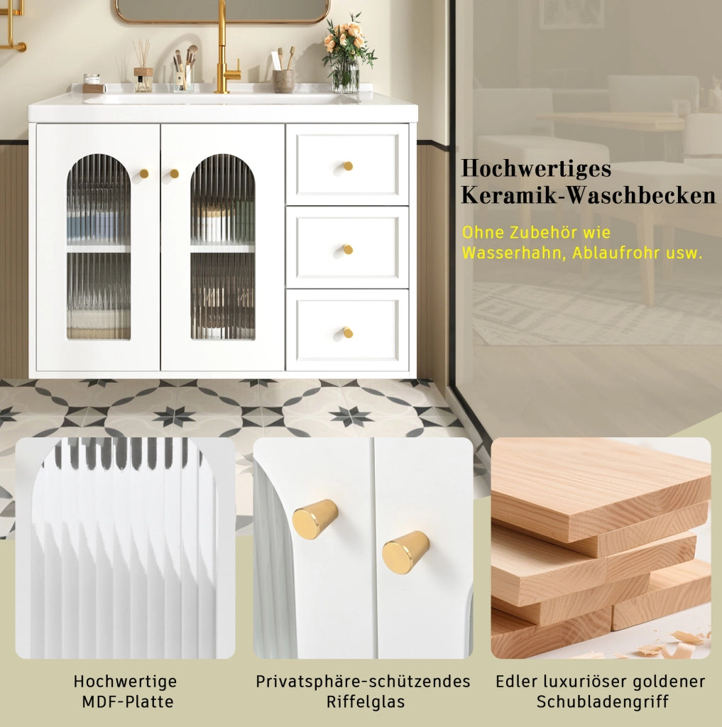 Mobile bagno sospeso 80 cm con lavabo in ceramica; 2 cassetti e ante in vetro; bianco