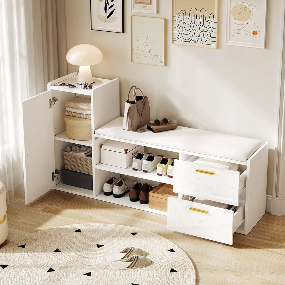 Panchina porta scarpe 128x30x68 cm - Xylo - 2 cassetti, seduta imbottita, per ingresso e ufficio, bianco