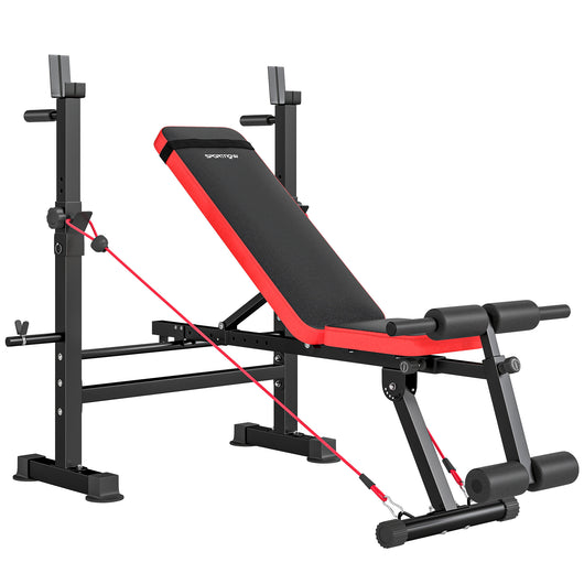 Panca Fitness con Rack per Pesi Schienale e Sedile Regolabili Dip Station Capacità 420 kg in Acciaio Nero e Rosso