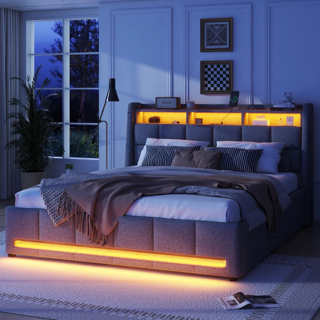 OKWISH Letto con Cassetti 140×200 cm, Letto Matrimoniale con LED Regolabile, USB e Contenitore, senza Materasso, in Lino, Grigio