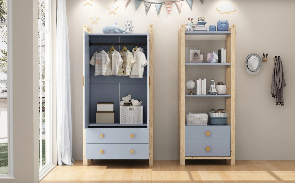 Libreria autoportante blu e legno con 4 ripiani e 2 cassetti, 70x45x180,5 cm