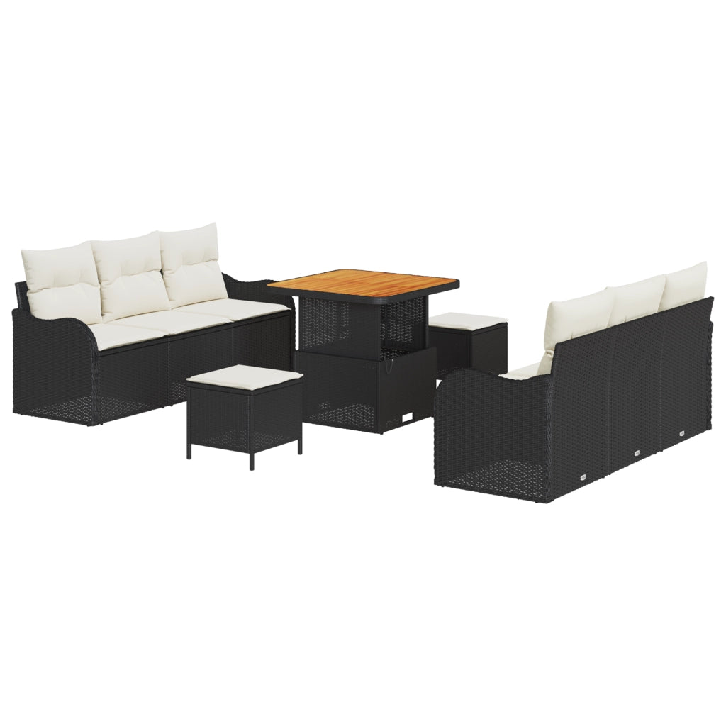 Set Divano da Giardino 9 Pezzi con Cuscini Nero Rattan Polimerico Acacia