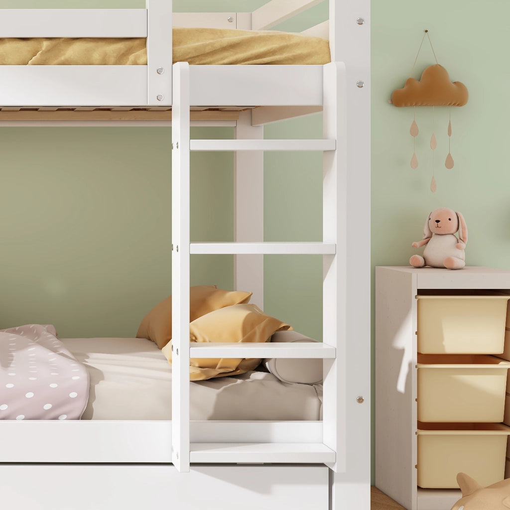 Letto a castello 90x200 cm in legno bianco con 2 cassetti, ripiano e scaletta