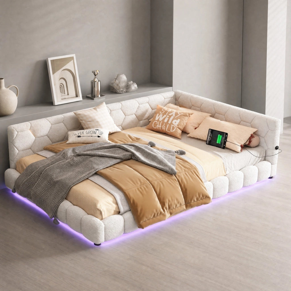 Divano letto 140x200 cm con LED, USB e Type-C bianco
