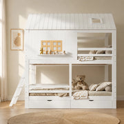 DESMIU Letto a castello per bambini 90 × 200 cm con finestre, tetto e 2 cassetti, senza materasso, bianco e naturale