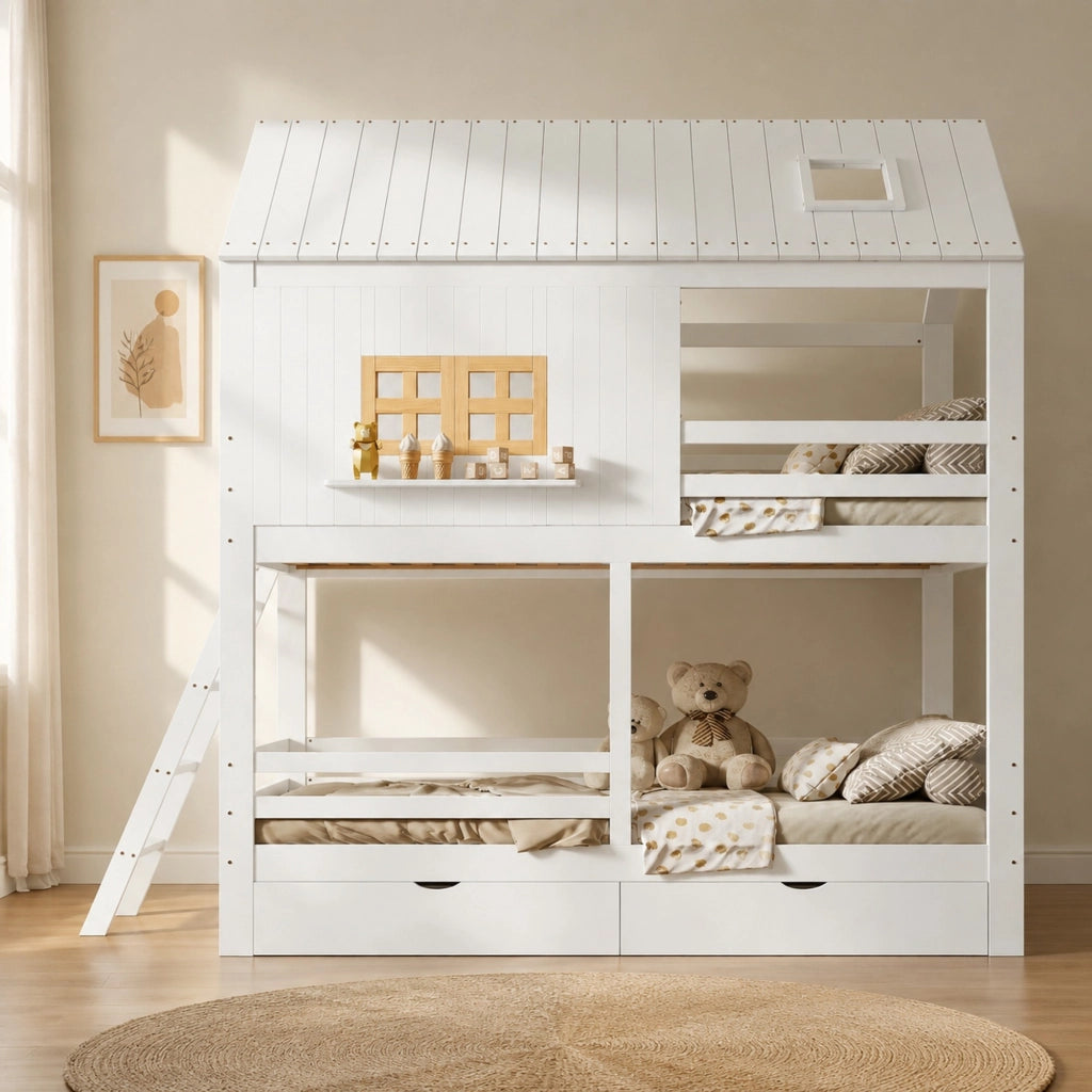 DESMIU Letto a castello per bambini 90 × 200 cm con finestre, tetto e 2 cassetti, senza materasso, bianco e naturale