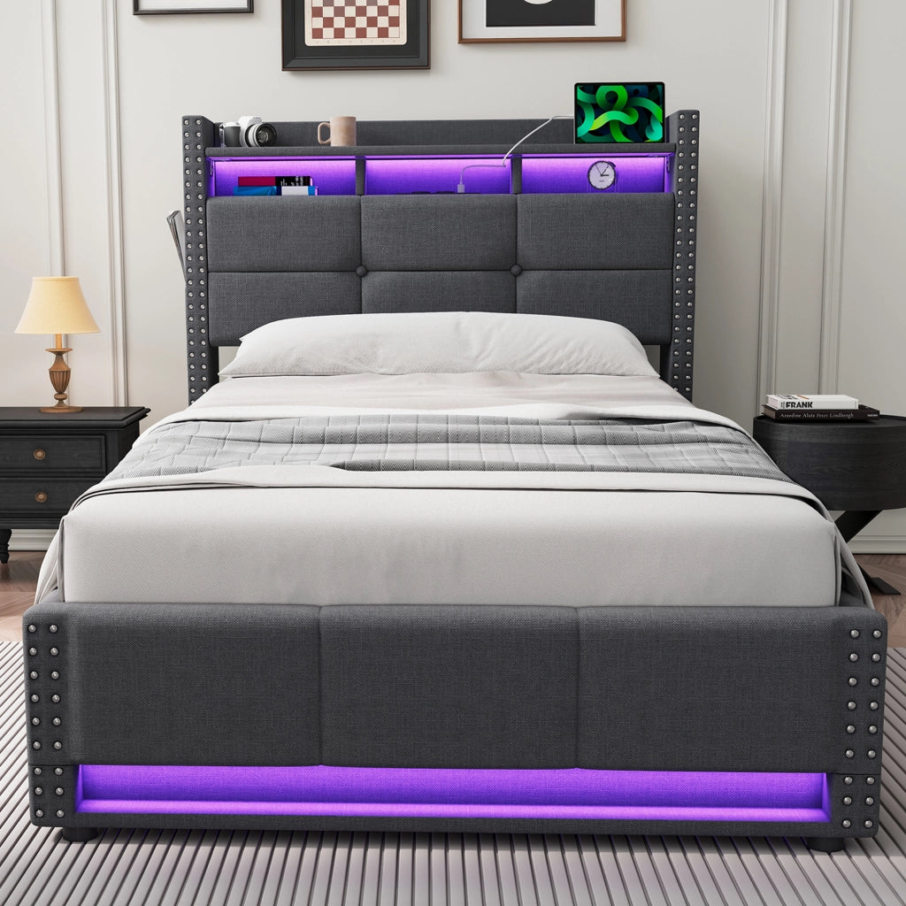 Letto singolo contenitore imbottito grigio scuro 90x200 cm con LED e ricarica USB