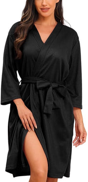 Badjas da donna con manica 3/4 a piqué, camicia da sauna con tasche, lunga e leggera, colore nero, S
