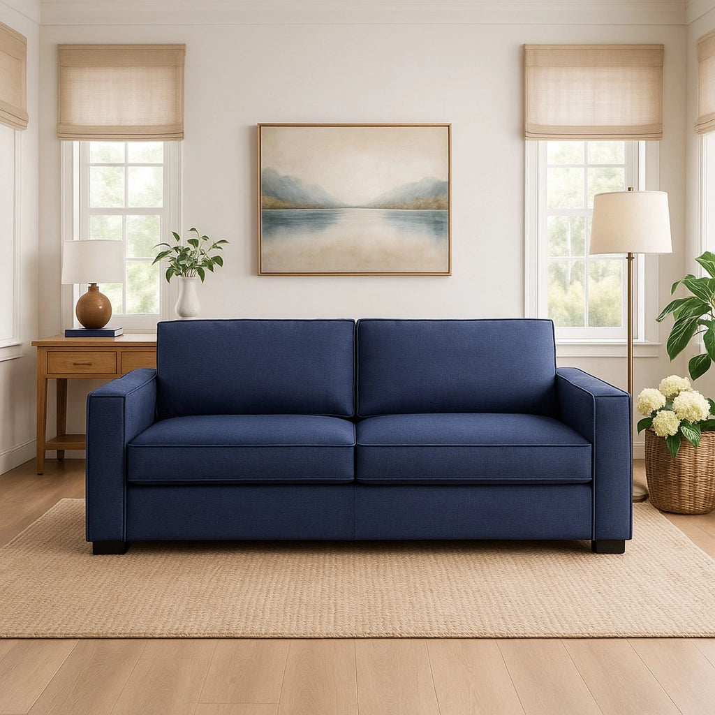Divano fisso Aglientu, Divano a 2 posti, Made in Italy, SofÒ  Soggiorno in tessuto, con Braccioli slim, cm 160x95h90, Blu