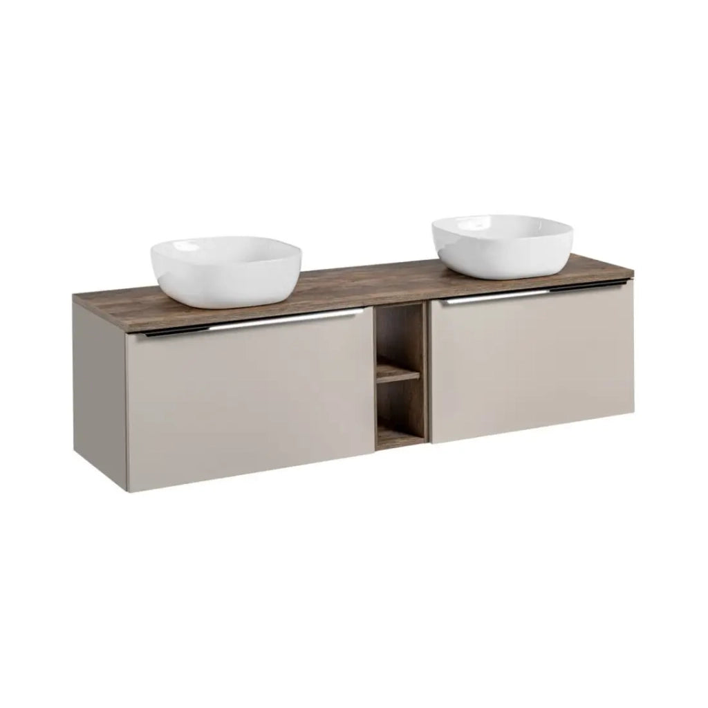 Set da bagno VANTA taupe: mobili sotto lavabo 180cm + piano lavabo + 2 lavabi bianchi da appoggio