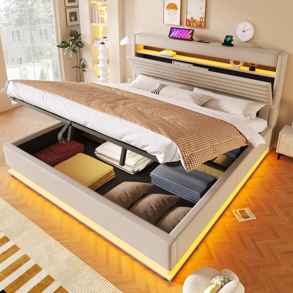 Letti contenitori 180x200 cm; contenitore idraulico con LED e USB; lino beige (Senza materasso)