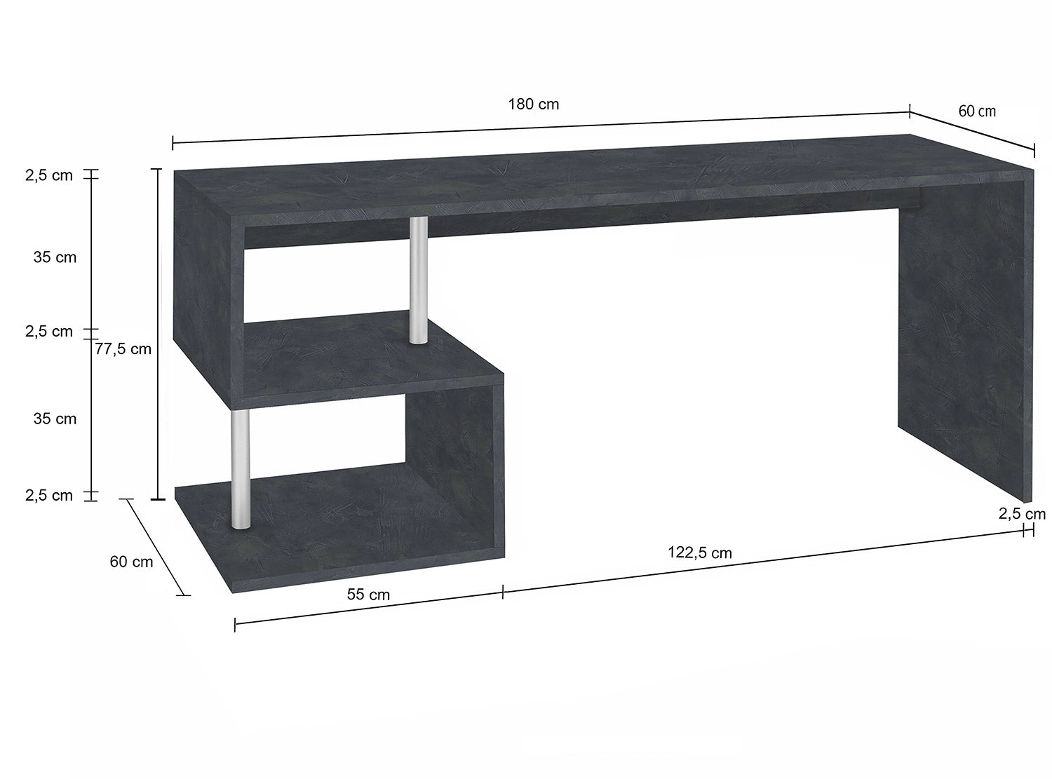 Scrivania con 2 Ripiani 180x60x77,5 cm Esse Ardesia