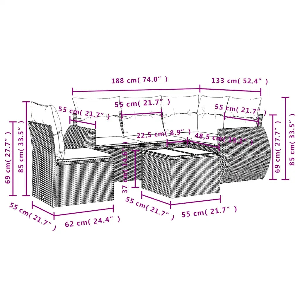 Set Divano da Giardino 6 pz con Cuscini Marrone in Polyrattan