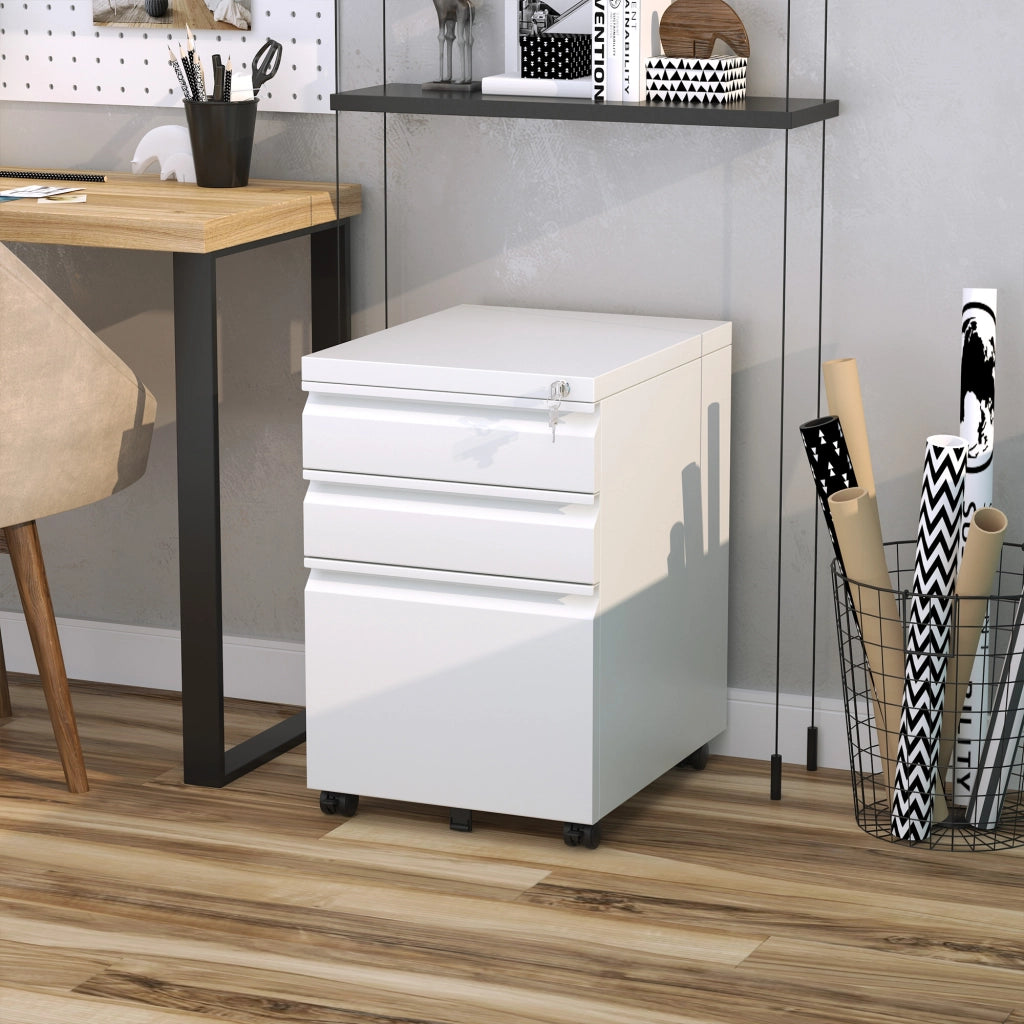 Mobiletto da ufficio mobile con 3 cassetti e ruote, in acciaio compatto con maniglia concava, colore bianco, dimensioni 39x48x60 cm.