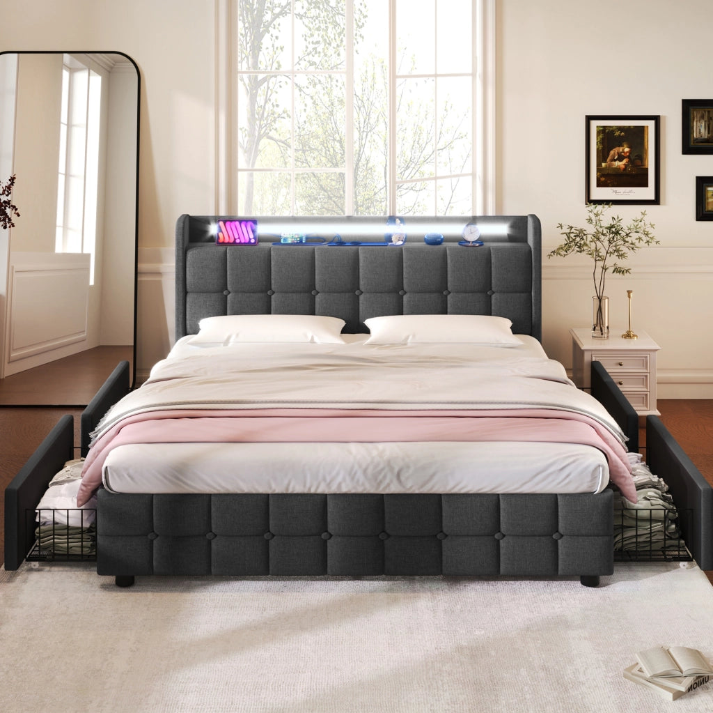 Letto matrimoniale 160x200 cm con LED; prese USB e 4 cassetti; legno grigio