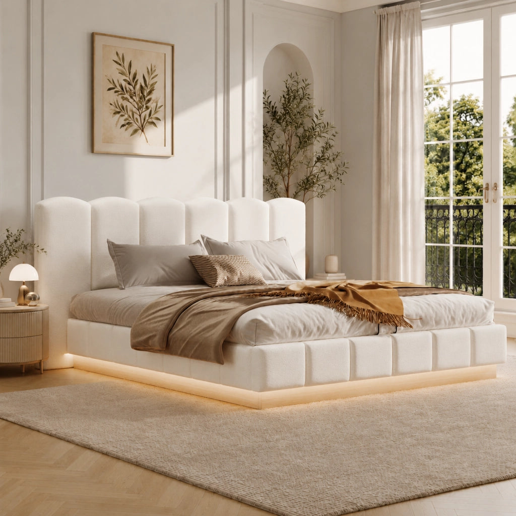 Letto capitonné con illuminazione LED e vano idraulico LEMONMAX; 180x200 cm; testiera imbottita; sommier a doghe; bianco