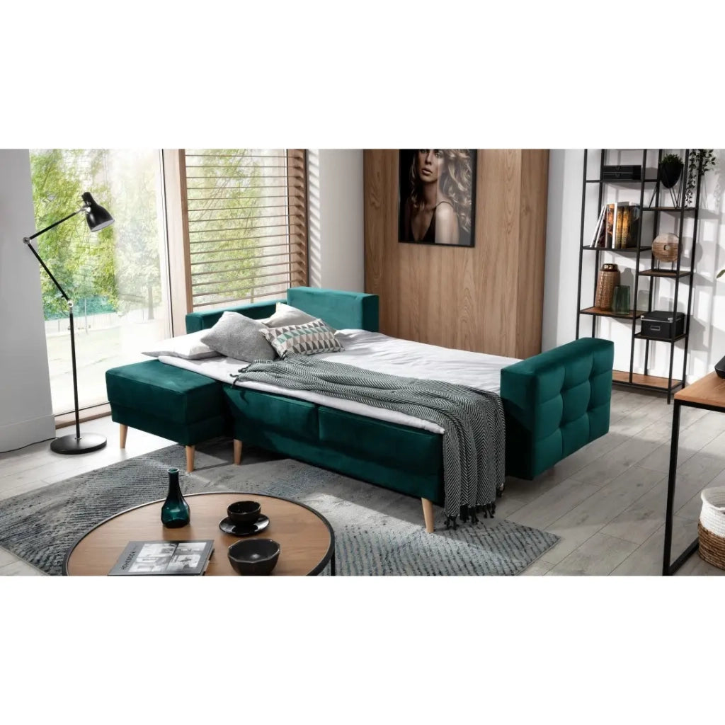 Divano letto angolare HASGARD 3 posti verde scuro 248x162 cm – con baule e piedi in legno