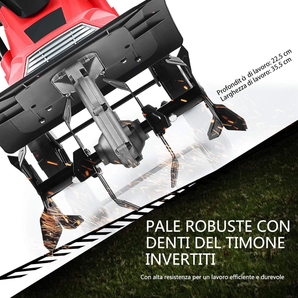 Motozappa Elettrica 1200W/1500W, Zappatrice Elettrica con Maniglia Pieghevole, Ruote Regolabili, 4/6 Lame, Velocità 365/400 PRM, Profondità 22 cm, Larghezza 35/43 cm (Rosso, 1200 W)