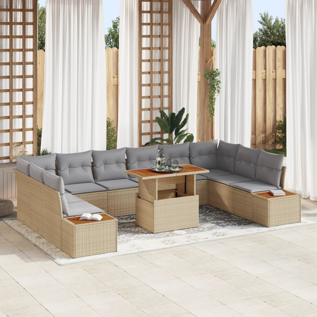 Set da Pranzo da Giardino da 11 Pezzi con Cuscini Beige in Rattan Poly Acacia