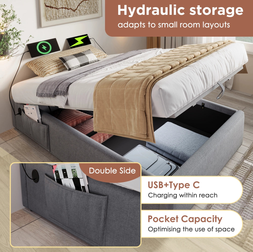 Letto contenitore 160x200 cm con USB e Type-C; senza testiera; in cotone lino; grigio