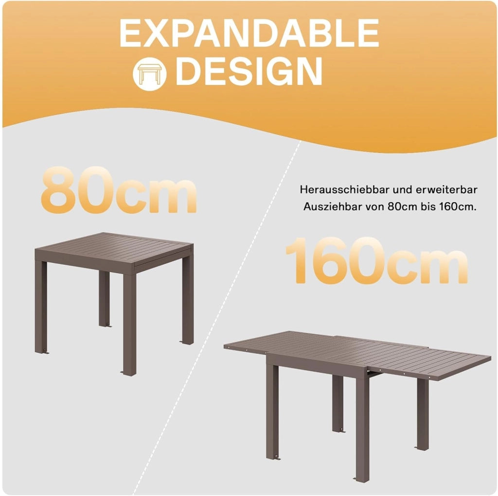 6 Persone Set Tavolo e Sedie Da Giardino In Alluminio, 6 Sedie Impilabili e 1 80-160CM Tavolo Da Giardino Allungabile In Alluminio, Set Da Giardino Esterno, Marrone