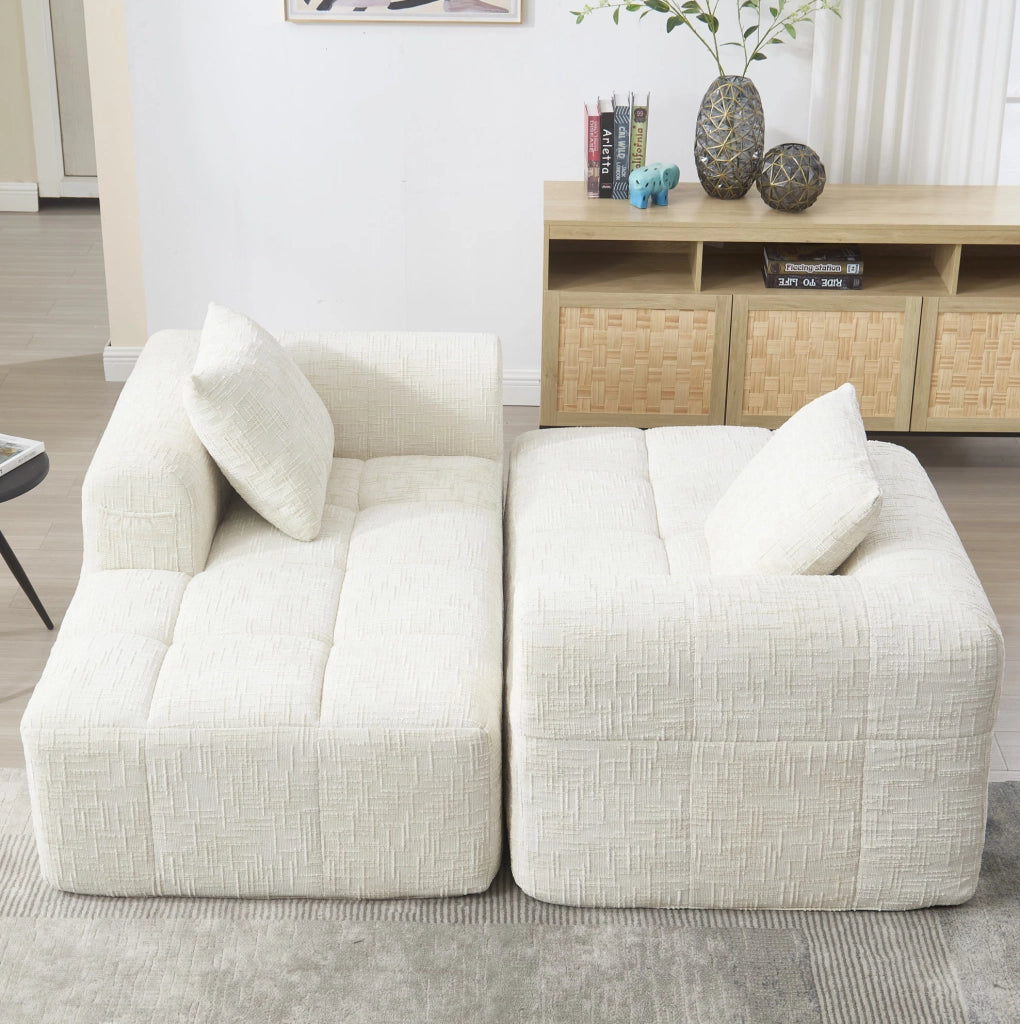 Chaise longue 158x90x60 cm con tasche laterali e cuscino in chenille beige