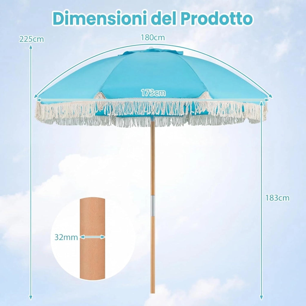 Ombrellone da Spiaggia 180 cm, Inclinabile Regolabile 30°, Palo in Legno, 8 Stecche in Fibra di Vetro, Ombrellone per Giardino, Piscina, Terrazza (Blu)