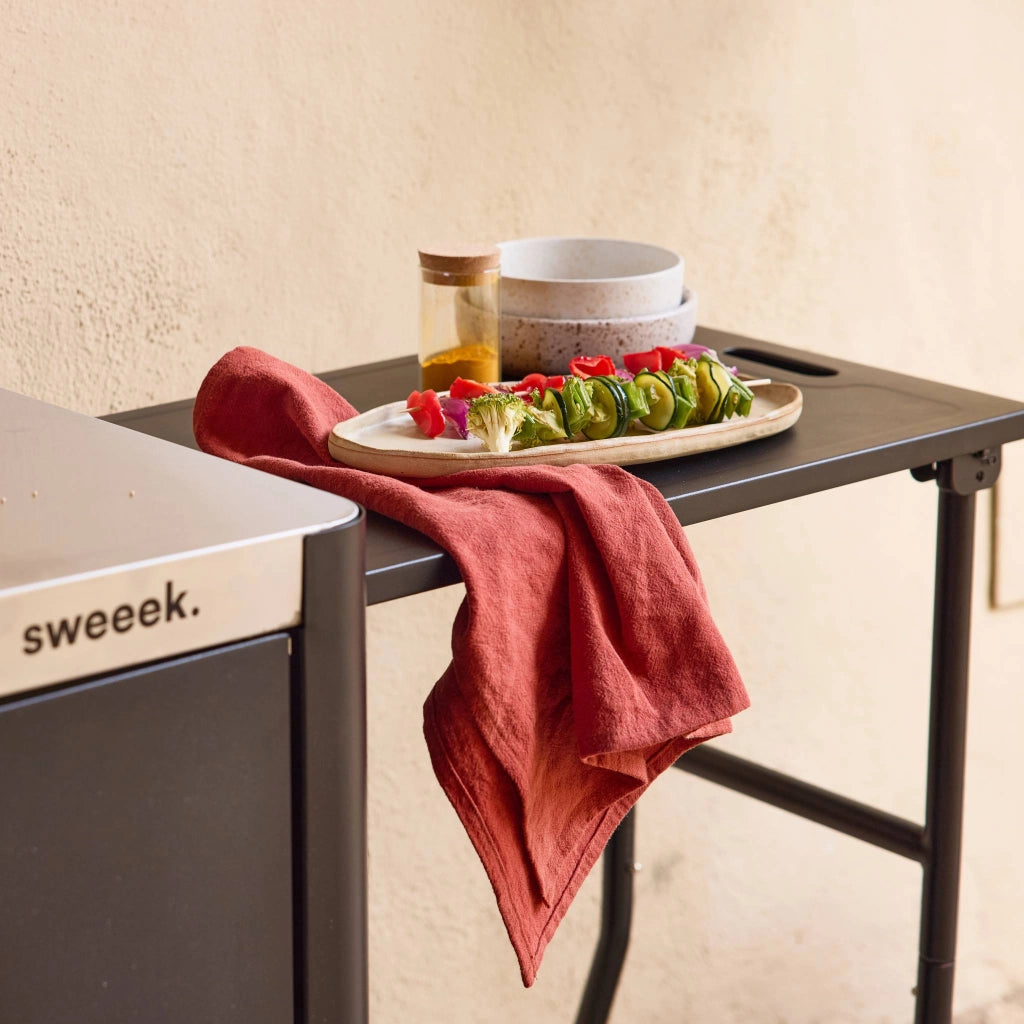 Carrello da cucina da esterno in acciaio con tavolino pieghevole,