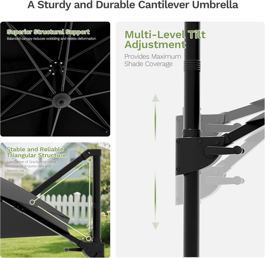 Ombrellone a sbalzo con manovella e inclinazione, telaio in alluminio impermeabile con protezione UV, include copertura e cinghie