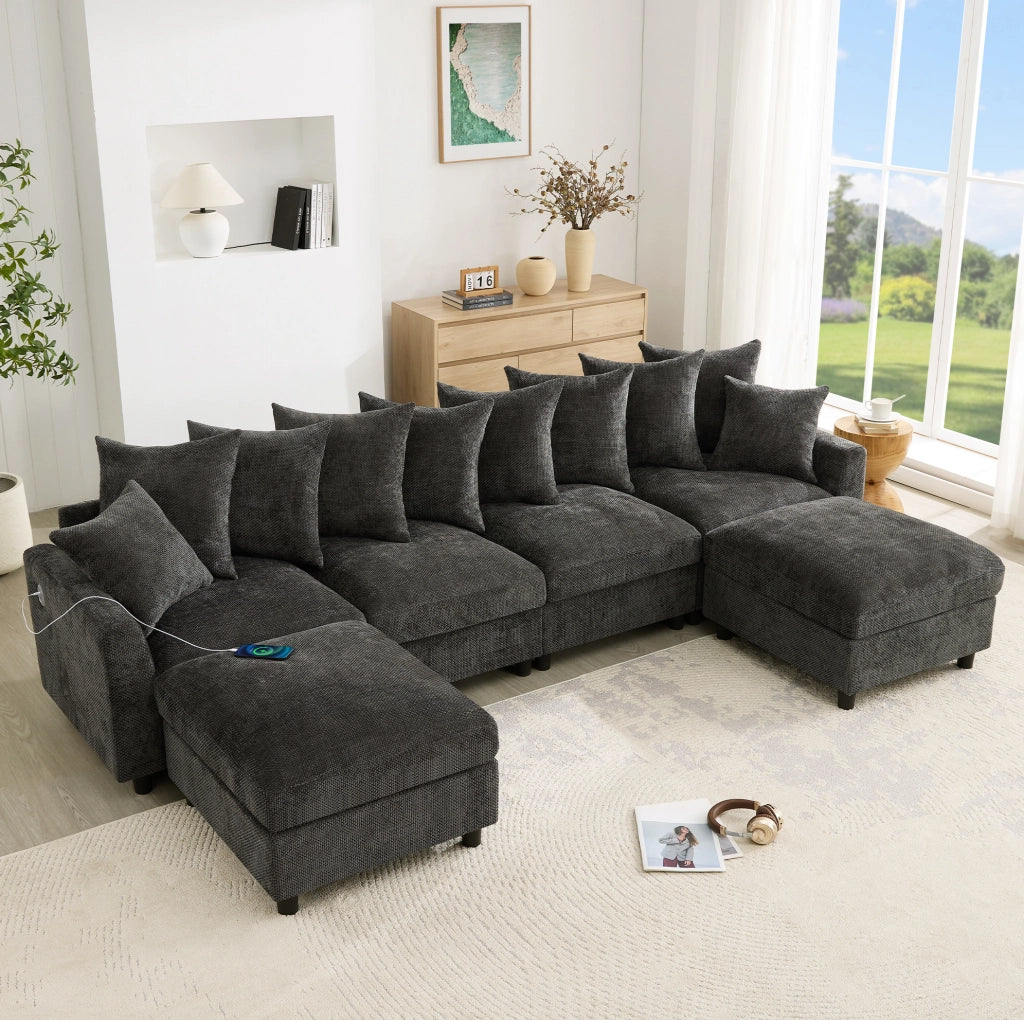 Divano angolare modulare 6 posti con USB/Type-C e 2 pouf
