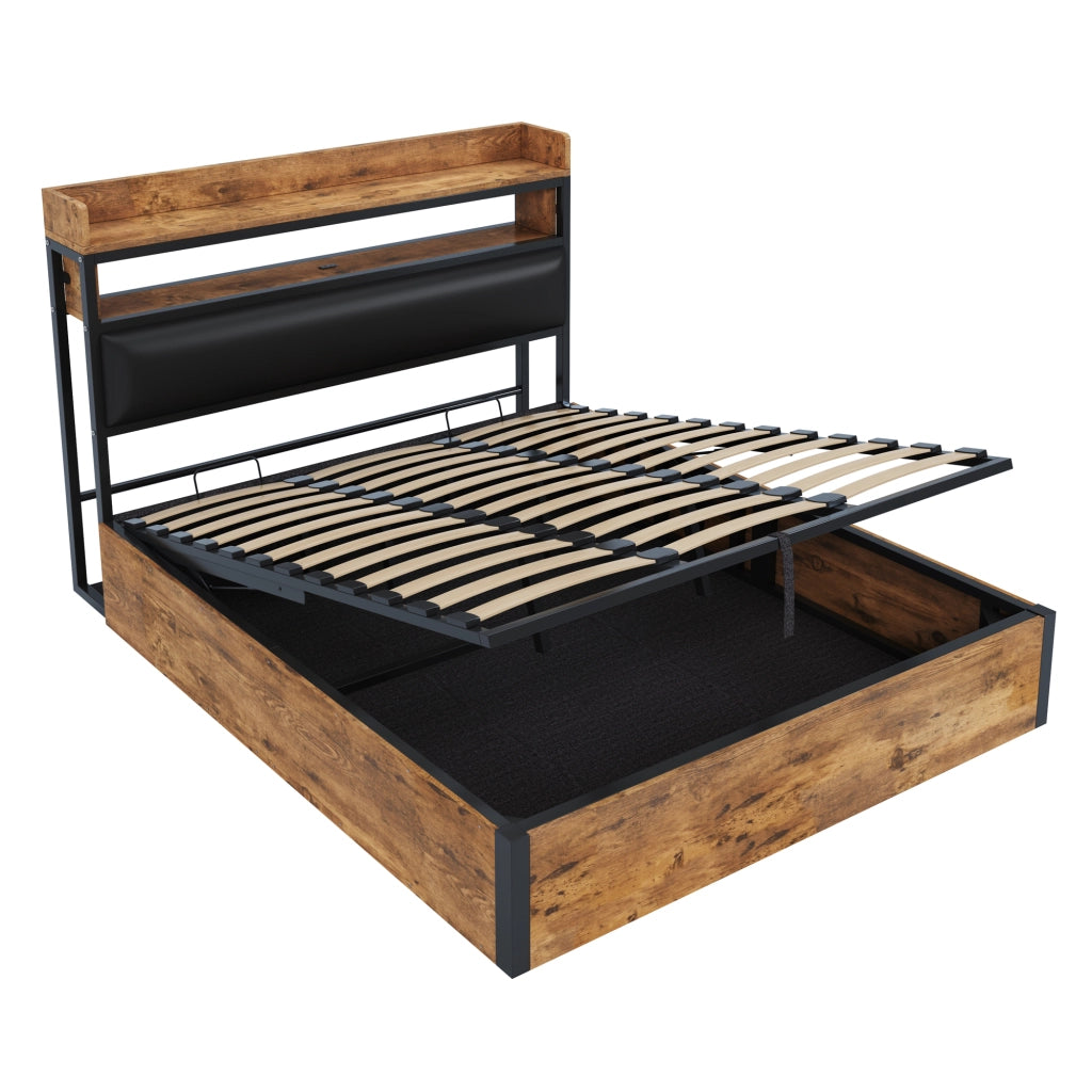 Letto Matrimoniale 180x200 cm con Contenitore; USB e Testiera Imbottita Nero