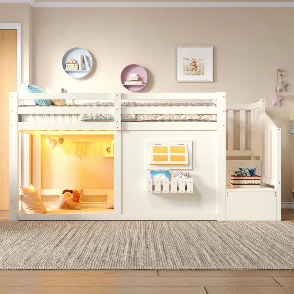 Letto a soppalco 90x200 cm in pino e MDF con scala contenitore e LED; bianco