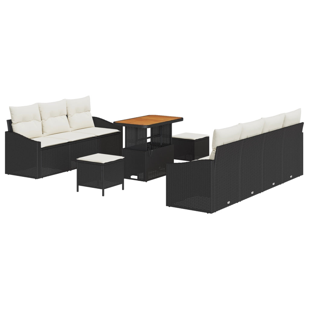 Set di divani da giardino da 10 pezzi con cuscini neri in polyrattan e acacia