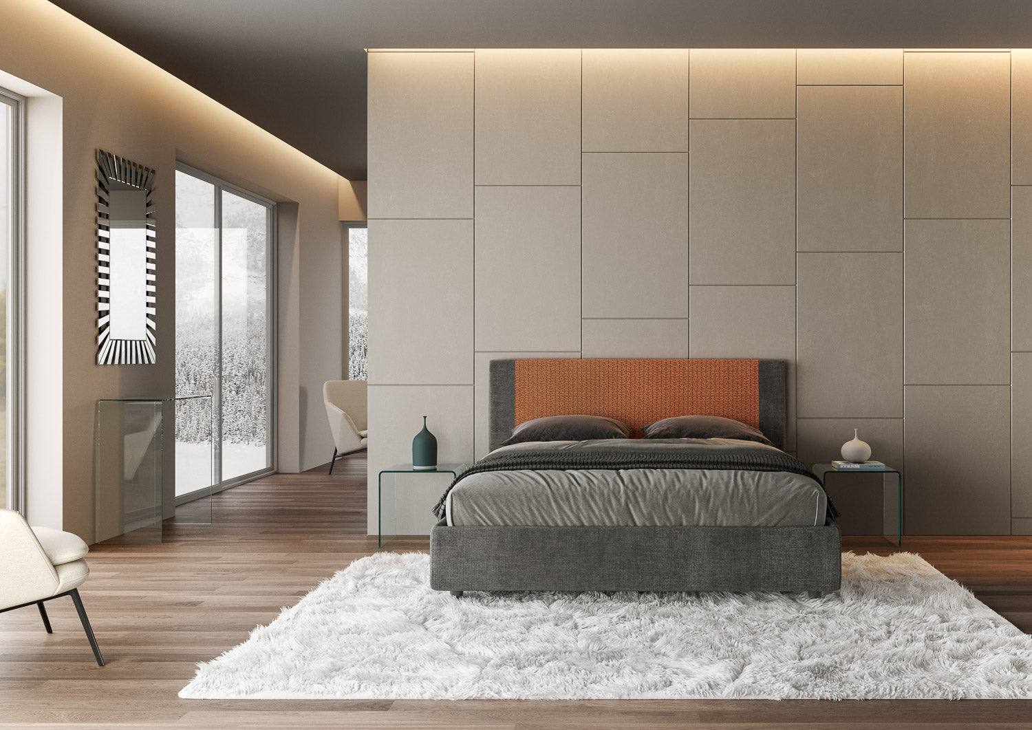 Letto Matrimoniale 160x190 cm con Rete e Contenitore con Testata e Alzata Comoda Imbottito in Tessuto Labirinto Rosal