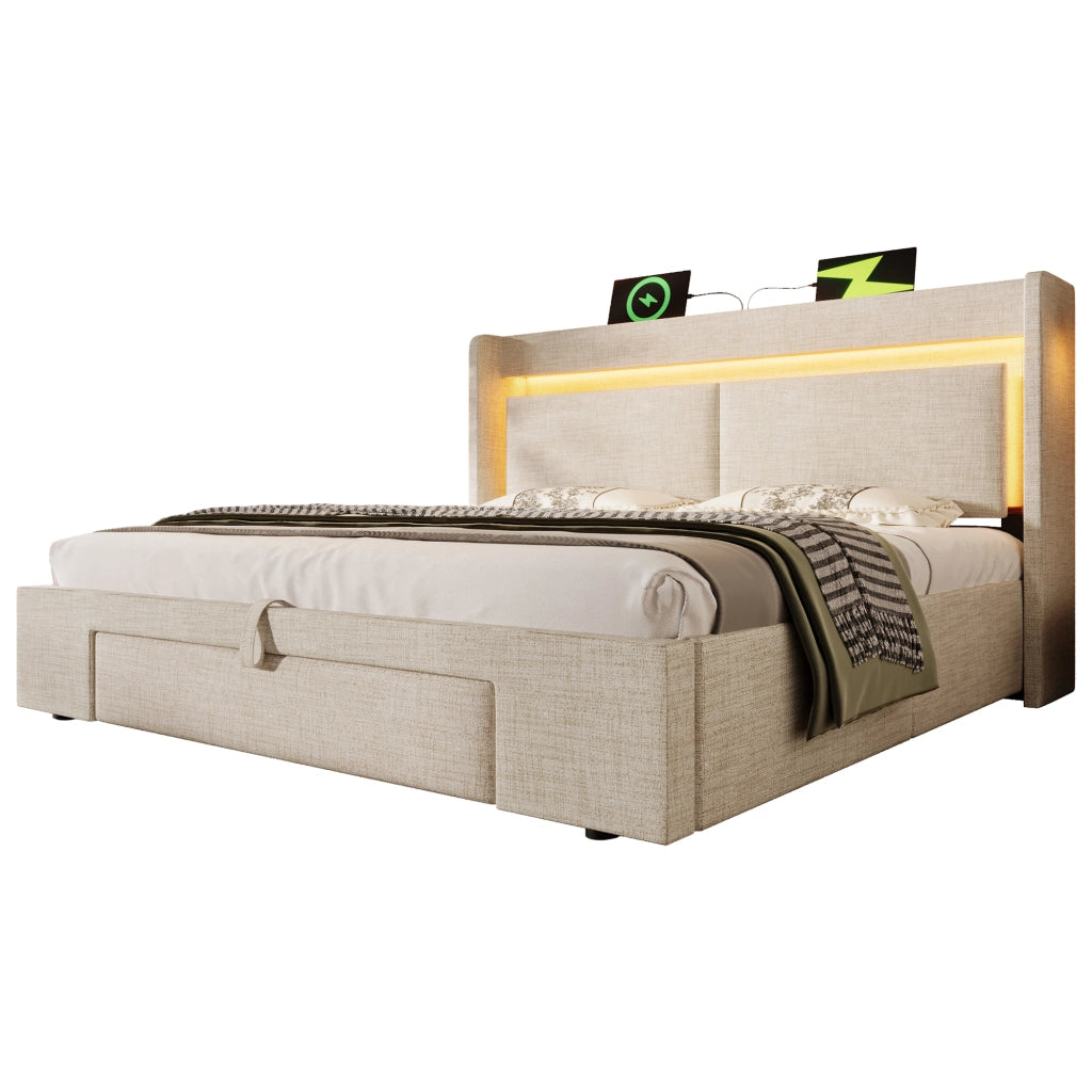 Letto imbottito 160x200 cm con contenitore idraulico, testiera con vani portaoggetti, LED e porte USB/USB-C, beige, senza materasso