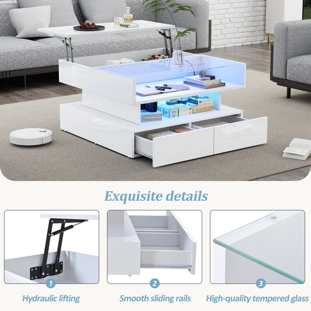 Tavolino basso sollevabile a quadrato con LED, 2 cassetti e piano in vetro temperato, bianco, 80 × 80 × 45 cm