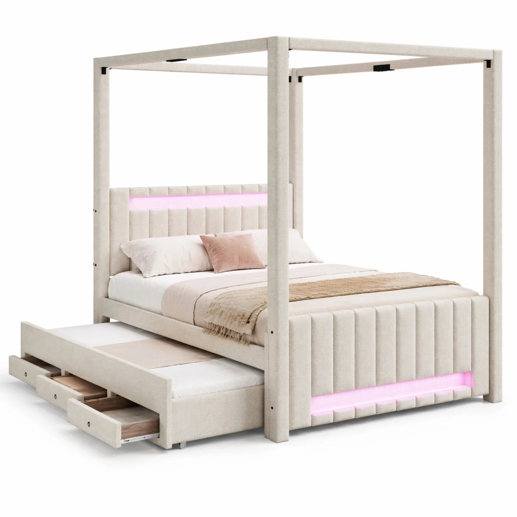 Letto a baldacchino 140x200 con estraibile, LED e cassetti