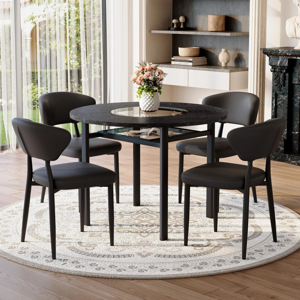Tavolo da pranzo rotondo con 4 sedie in MDF vetro e PU per soggiorno e cucina nero diametro 100 cm