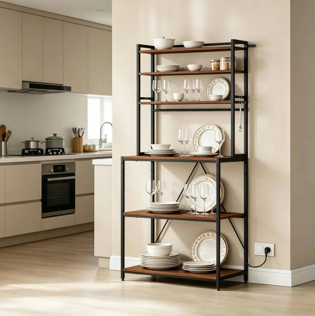 Scaffale cucina con prese, 6 ripiani aperti, 6 ganci, marrone rustico