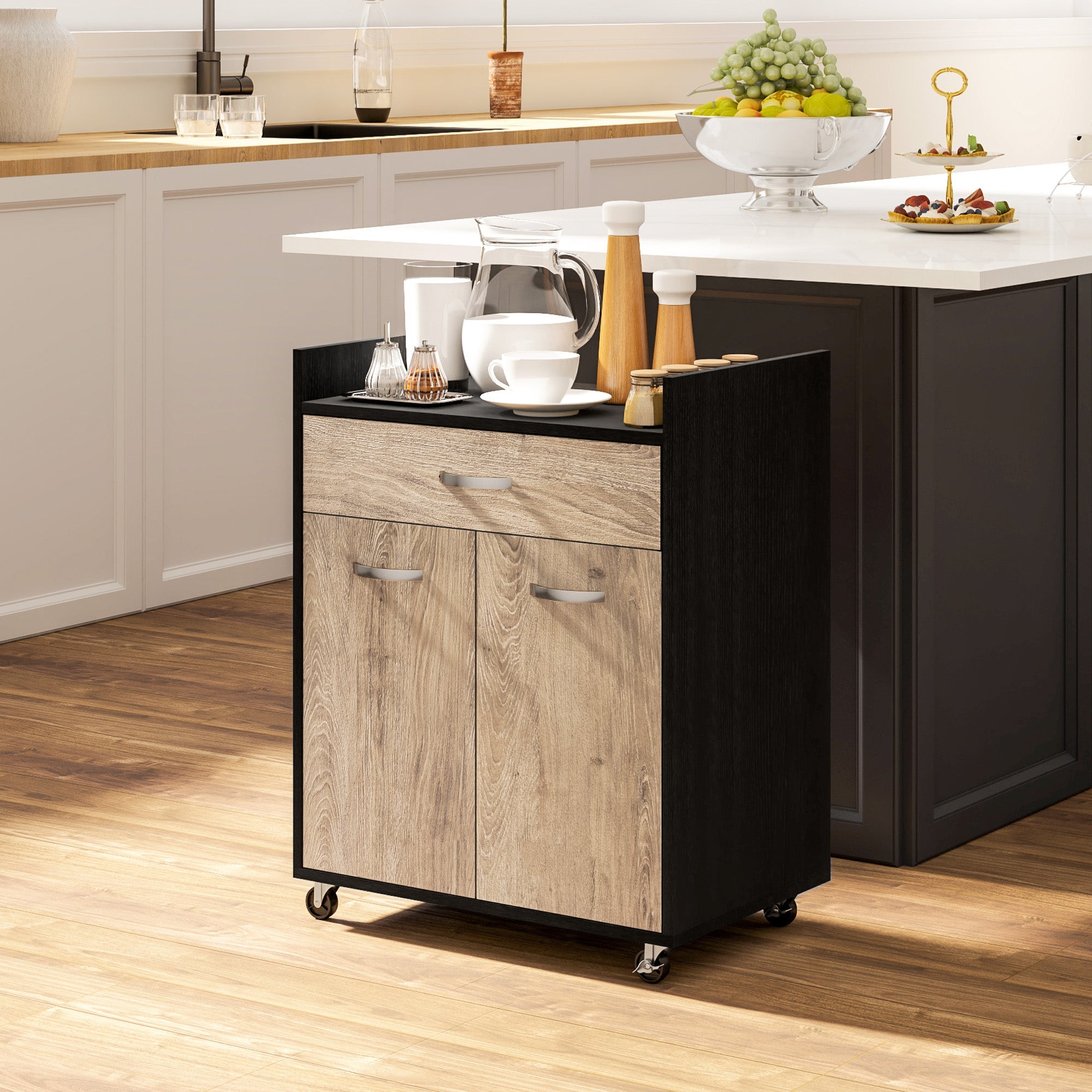 Carrello da Cucina con Armadietto e Cassetto 60x40x77 cm in Legno Nero